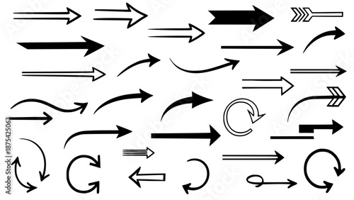 Diverse collection of black and white hand-drawn arrow icons illustrating various directions, shapes, and directional flow concepts.