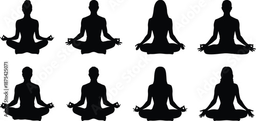 Eight diverse silhouettes of people meditating in the lotus position represent various aspects of mindfulness and inner balance practices.