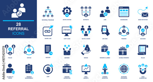 Referral program solid icon set. Affiliate reward bonus invitation tracking incentive icons for marketing campaign, user growth system, dashboard, and app UI