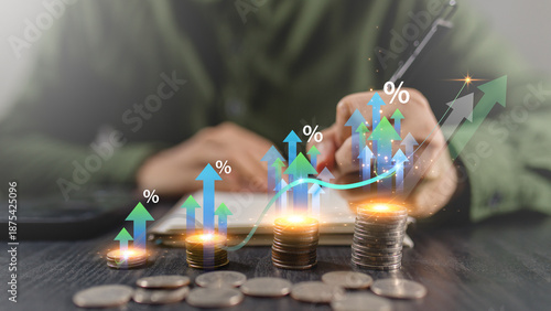 Market inflation rate impacts business capital cost. Businessman plans mortgage budget success. Stock fund percentage growth beats recession tax interest risks