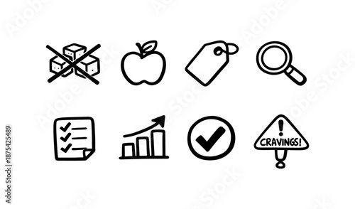 Set of icons representing healthy lifestyle choices, goal setting, and cravings