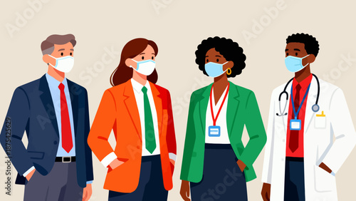 Four professionals wearing masks