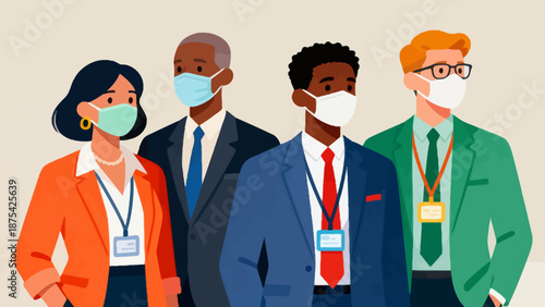 Four masked professionals in business attire