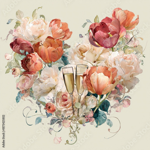 Floral arrangement with champagne glasses for a Valentine's Day celebration in a heart shape