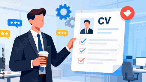 Businessman holding CV and coffee