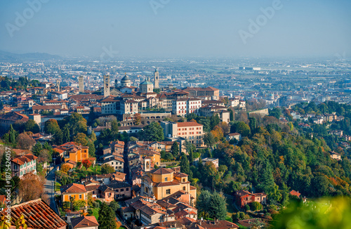 Panoramic view of Bergamo Citta Alta skyline at sunset, Lombardy, Italy