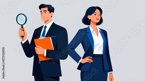 Business professionals with magnifying glass