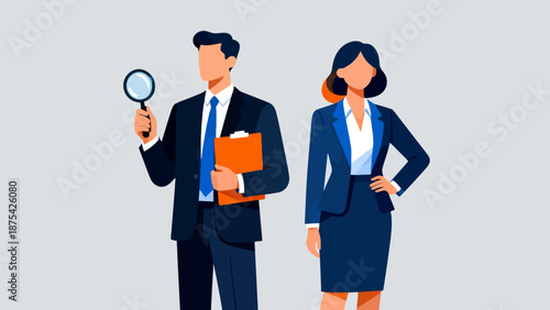 Business professionals with magnifying glass