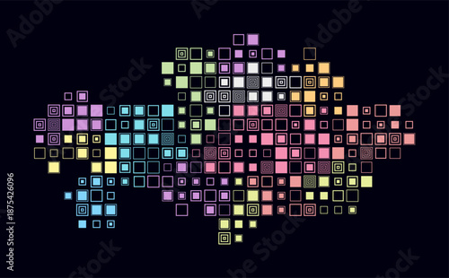 Kazakhstan, shape of the country build of colored cells. Digital style map of the Kazakhstan on dark background. Large size square blocks. Trending vector illustration.