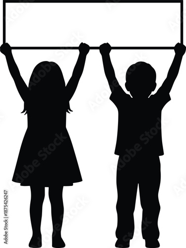 Silhouette of two children holding blank sign for school, education, kids event, announcement, banner, message, or promotional design