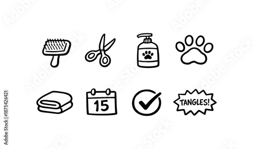 Pet grooming icons set: brush, scissors, shampoo, paw print, towel, calendar, checkmark, and tangles