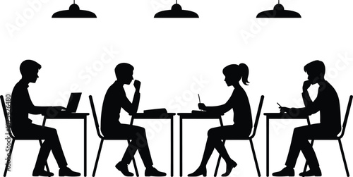 Collection of Four Distinct Black Silhouettes Showing People in Seated Positions, Representing Diverse States Like Reading, Waiting, or Resting, Excellent for Infographics and UI Design