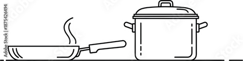 Simple line art illustration depicting a steaming frying pan next to a covered cooking pot representing kitchen cookware and meal preparation concepts.