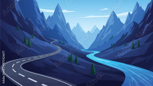 Winding mountain road carves a path through a deep blue valley beside a bright flowing river under a clear sky