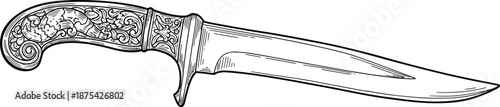 Hand drawn vintage illustration of an ornate dagger featuring a beautifully carved handle and sharp pointed blade isolated on white.