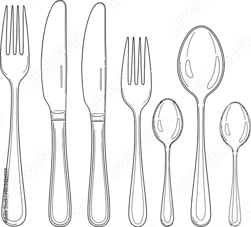 Outline drawing of a complete set of essential silverware including dinner forks knives and various sized spoons elegantly arranged for service.