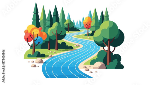 Vividly illustrated winding river flowing through a dense forest landscape featuring stylized green pine trees and colorful deciduous foliage