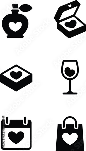 Vector set of love icons: perfume, jewelry, wine, calendar, and shopping bag