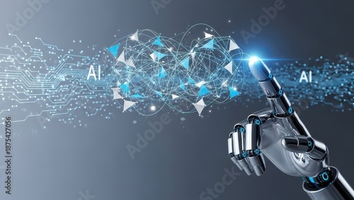 Robot hand is pointing at a screen with the words AI and AIL