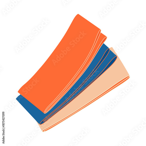 Set of bright resistance bands indicated by different colors. Folded orange and blue rubber bands for home training and gym workouts. Vector flat illustration isolated on a white background.