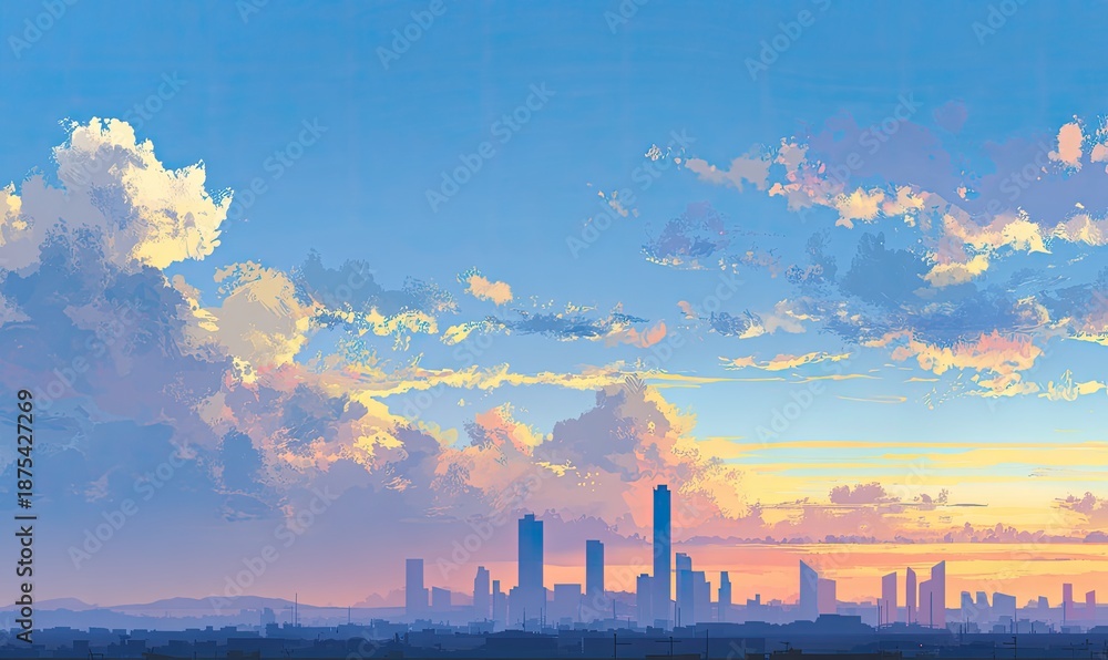 Naklejka premium Digitally painted cityscape silhouette under a vibrant, cloud-filled, sunset sky
