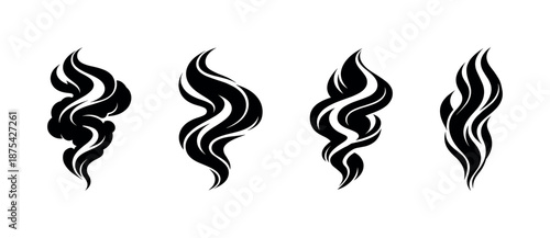 Smoke vector icons set. abstract black smoke silhouettes. flame, steam, swirl design.