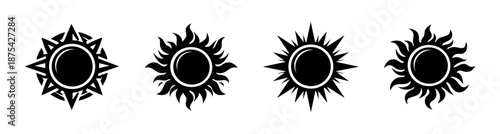 Sun symbols vector icons set: sunburst, celestial, black sun illustrations