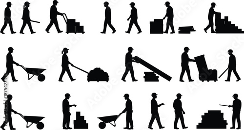 Construction and warehouse worker silhouettes, manual labor icons, material handling scenes, pushing carts and wheelbarrows, carrying boxes and pallets, safety and ergonomics vector