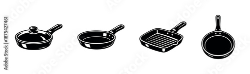 Kitchenware vector icons set: cooking pans, pots, and skillet illustrations