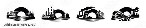 Industrial landscape vector icons set: factories, power plants, transport symbols