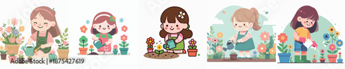 A Cute Girl Planting Flowers Vector Illustration