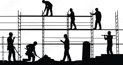 Construction site teamwork silhouette, seven workers on multi-level scaffolding, hard hats, laborers shoveling and carrying beams, industrial building work coordination