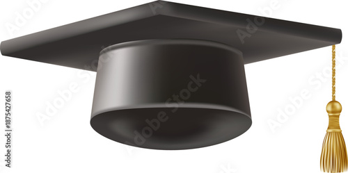 Realistic Black graduate cap. 3D Graduation Doctoral hat. PhD Academic mortarboard. Student degree board. Vector illustration.