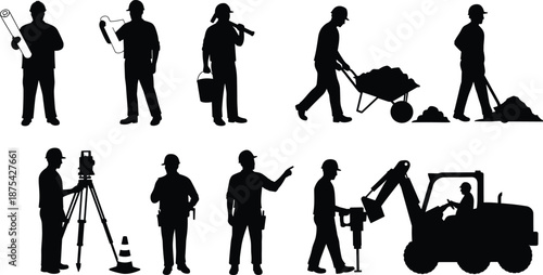 Construction site worker silhouettes, blueprint planner, document inspector, laborer with bucket, wheelbarrow carrier, shovel operator, surveyor, supervisor, jackhammer operator, backhoe driver