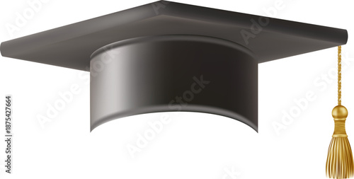 Realistic Black graduate cap. 3D Graduation Doctoral hat. PhD Academic mortarboard. Student degree board. Vector illustration.