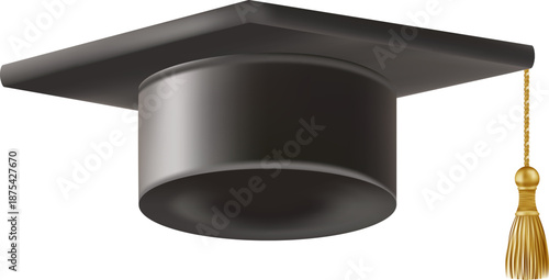 Realistic Black graduate cap. 3D Graduation Doctoral hat. PhD Academic mortarboard. Student degree board. Vector illustration.