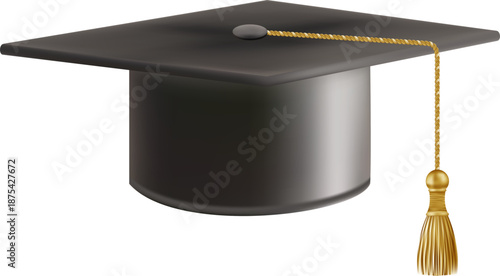 Realistic Black graduate cap. 3D Graduation Doctoral hat. PhD Academic mortarboard. Student degree board. Vector illustration.