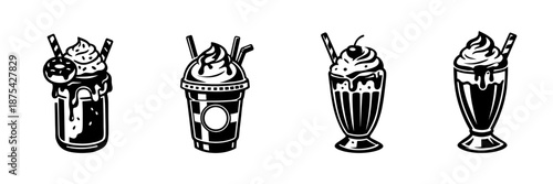 Milkshake vector icons set with creamy dessert and drink symbols in retro style