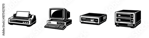 Retro tech vector icons set: vintage computer, printer, media, server designs