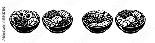 Japanese cuisine vector icons set: ramen, sushi, poke bowls and sashimi symbols