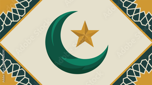 Pakistani flag with green crescent moon and golden star white background dark green border
