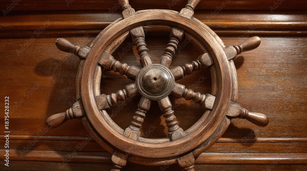 Fototapeta premium Ship wheel in warm brown wood formal and commanding for leadership symbolism