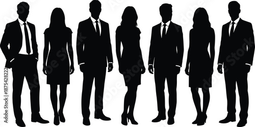 Business silhouette lineup, formal attire, suits and dresses, black figures, white background, corporate team, vector illustration, icon design