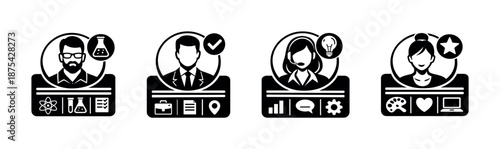 Science and technology vector icons set: scientists, professionals, and innovation