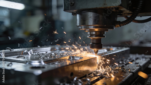 CNC machine cuts metal while producing sparks in a workshop during the day with tools and equipment scattered around the area