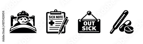 Sickness and healthcare vector icons set: illness, medicine, treatment symbols