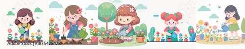 A Cute Girl Planting Flowers Vector Illustration