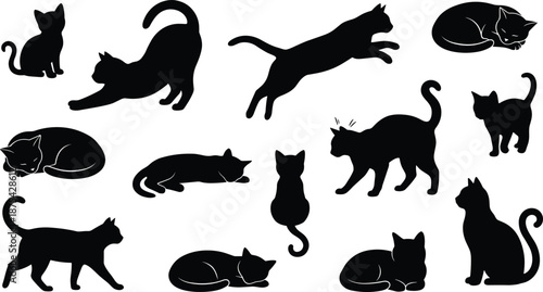 Cat silhouettes set, various poses, sitting, walking, jumping, stretching, sleeping, black figures, white background, pet vector, illustration