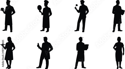 Collection of eight different black silhouettes representing various catering staff, chefs, and servers performing their duties on a white background.