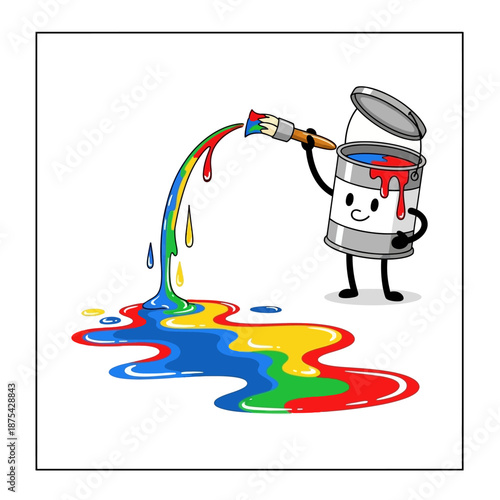 Cartoon paint can character spilling rainbow colors with a brush on white background